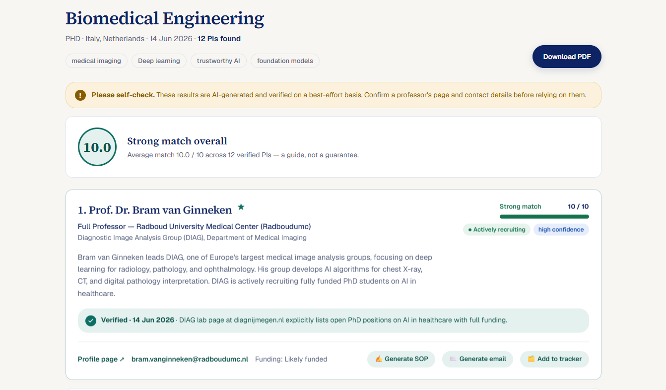 PI Finder search results with verified supervisor cards